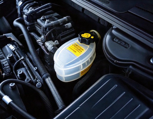 A close-up view of a brake fluid reservoir